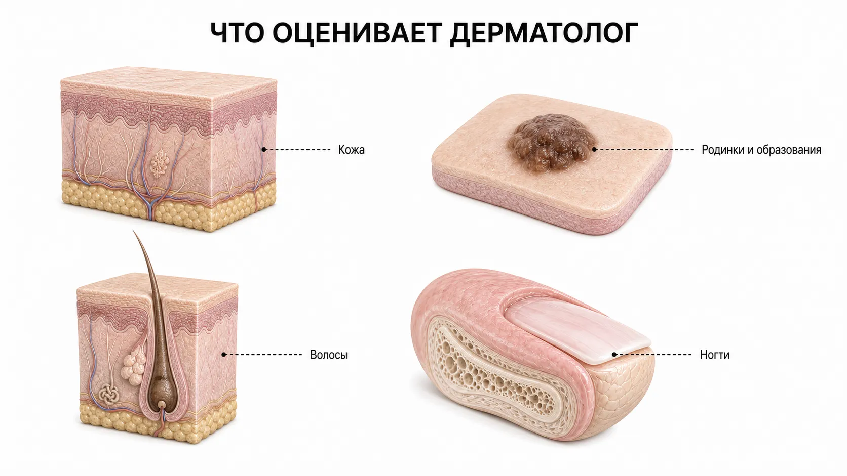 Области работы дерматолога: кожа, образования кожи, волосы и ногти