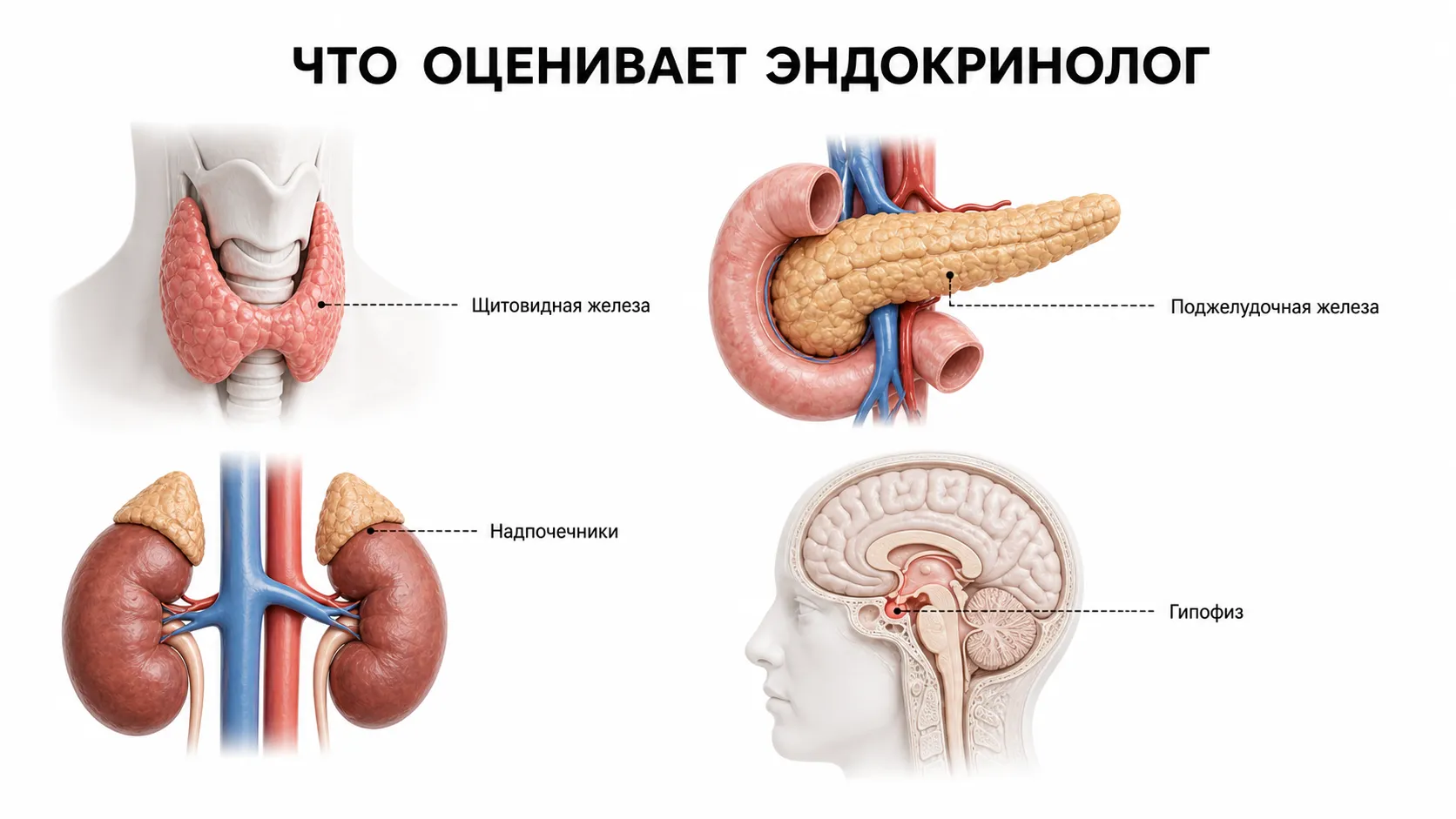Щитовидная железа, поджелудочная железа, надпочечники и гипофиз