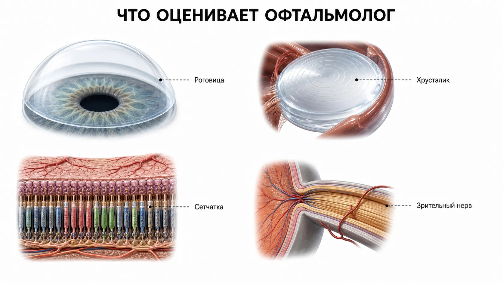 Роговица, хрусталик, сетчатка и зрительный нерв