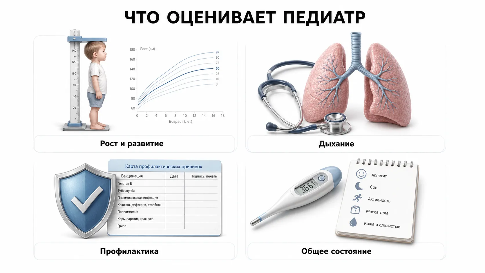 Оценка роста, дыхания, профилактики и общего состояния ребенка